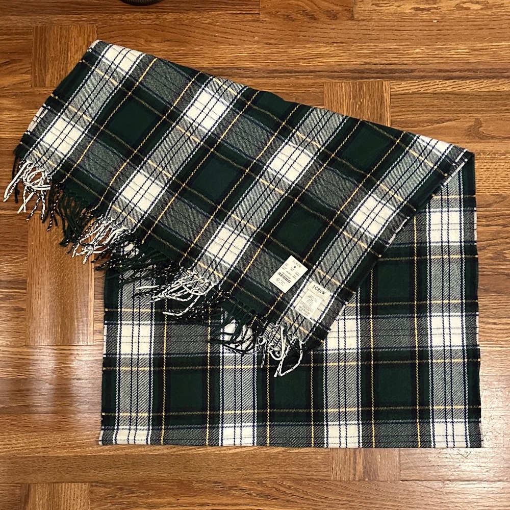 J. Crew Green Plaid Fringe Scarf with Cream and Black